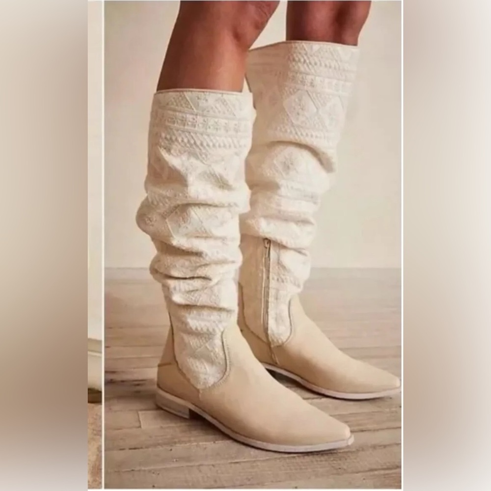 Free People Bren Textile Slouch Boot Ecru / White Cottage Core Sz 38
